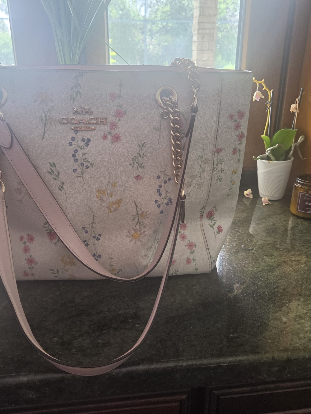 Coach Marlie White Floral Leather Tote with Pink Accents